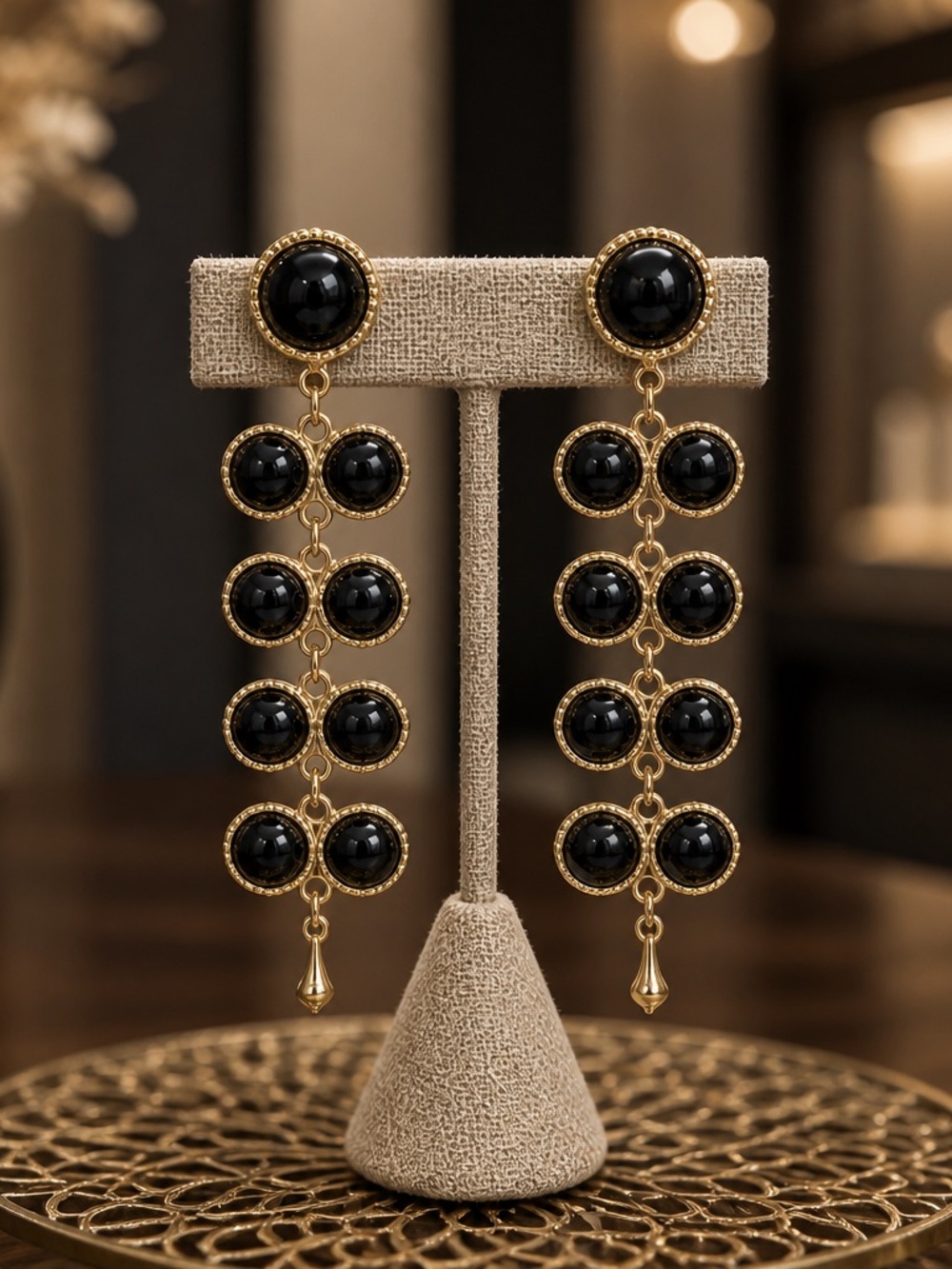 Gold & Black Statement Drop Earrings - Elegant Women's Jewelry